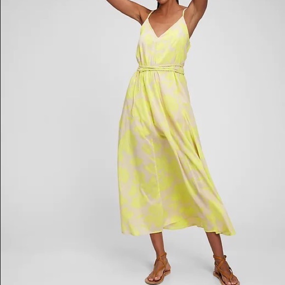 GAP Dresses & Skirts - Gap tie waist summer cotton maxi dress floral lime xs petite